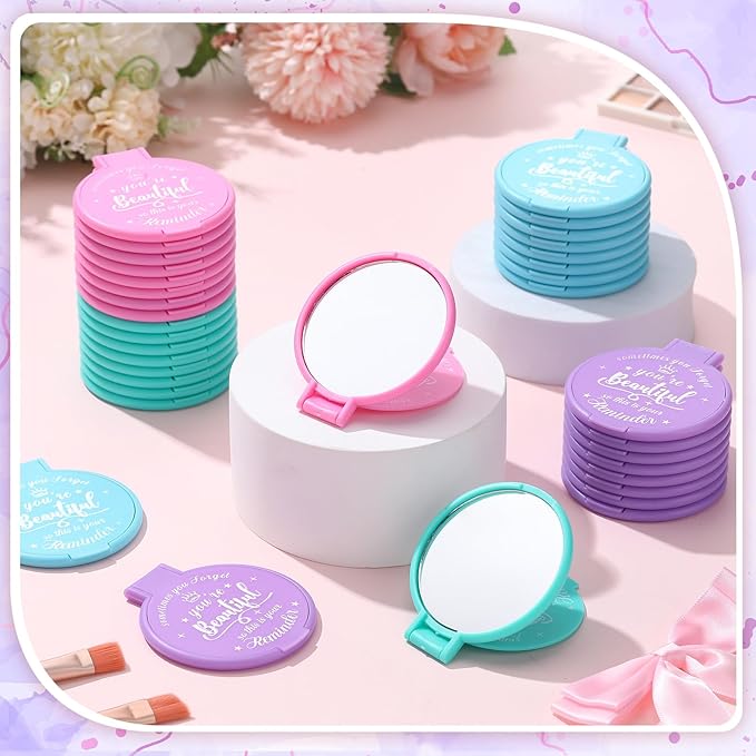 36 Pcs 2.76 Inch Inspirational Compact Mirror Bulk Women Small Gifts Graduation Party Favors Purse Mirror Pocket Mini Stuffer Items for Adult Coworker Cheerleader Employee (Mixed Color)