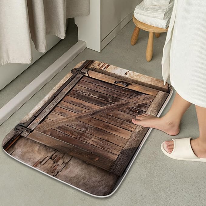 Farmhouse Wooden Barn Door Rustic Bathroom Rugs and Mats Sets 3 Piece, Large Imitation Cashmere Bath Mat, U-Shaped Contour Shower Mat Non Slip Absorbent, Velvet Washable 20 x 31 inch