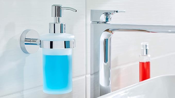 tesa Smooz No Drill, Wall Mounted Bathroom Soap Dispenser, Chrome-Plated Metal, Removable Adhesive Glue Technology