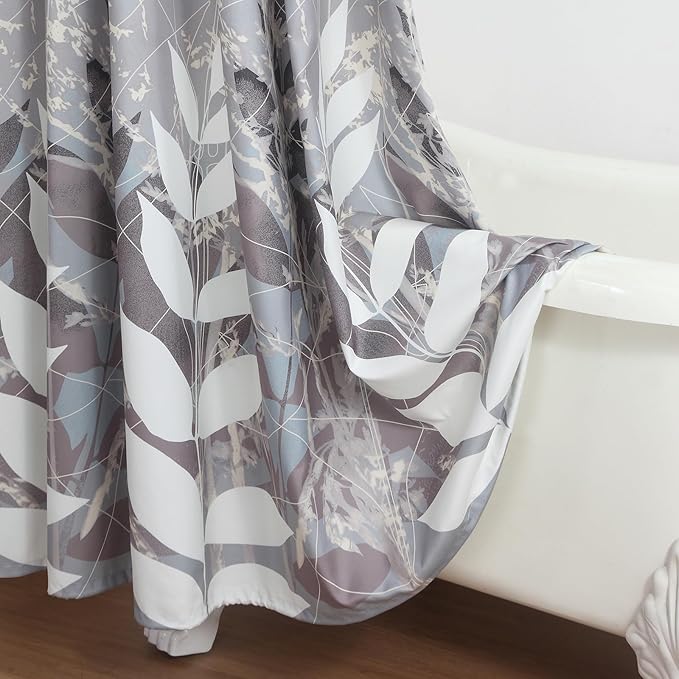 Extra Long Shower Curtain 72x84 Inch, Polyester Fabric | Waterproof Botanical Design with Cream & Taupe-Grey Leaves