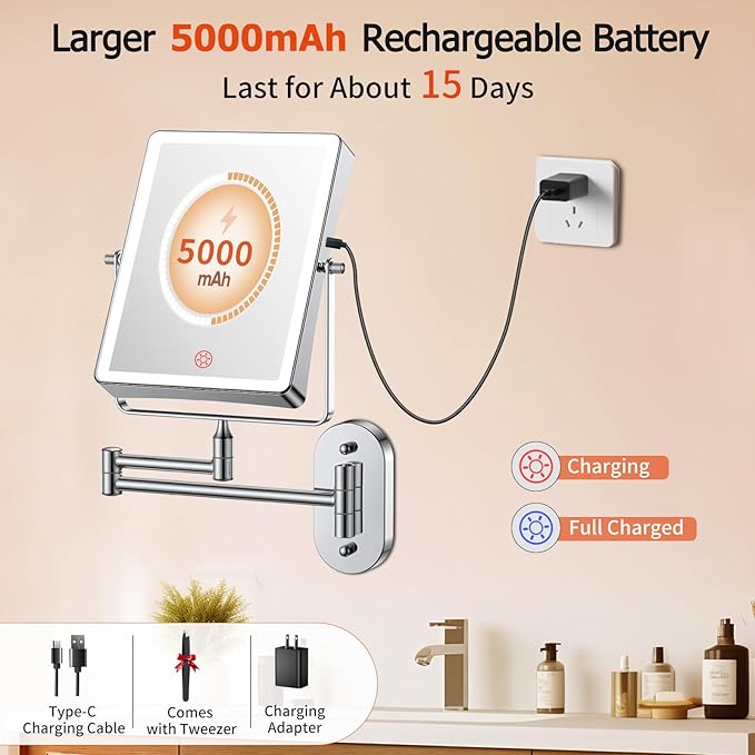 FUNTOUCH 5000mAh Rechargeable Wall Mounted Makeup Mirror with Lights, 8.7" Double Sided 1X/30X Magnifying Mirror with Dimmable 3 Color Light, Extended Swing Arm 360° Wall Mount Bathroom Vanity Mirror