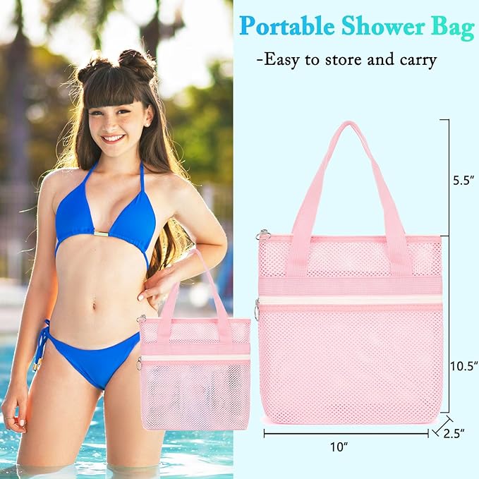 Fammart Mesh Shower Caddy Portable with Zipper & 2 Pockets - Quick Dry Shower Caddy Hanging for Travel Gym Camp Beach - Organizer Bag Bathroom Essentials for College Dorm