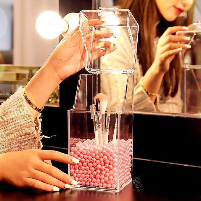 Makeup Brush Holder With Lid Cosmetic Brush Organizer Display Case Dustproof Cosmetics Brush Storage Container with Free Pearls