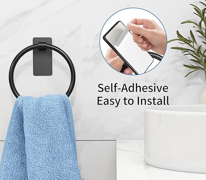 Adhesive Towel Ring, Hand Towel Holder for Bathroom, Adhesive Round Towel Ring for Bath RV, Black