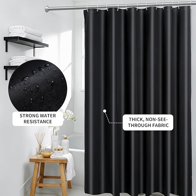 Bathroom Accessories Set, 11PCS Black Bathroom Accessory Set with Shower Curtain, Trash Can, Soap Dispenser, Soap Dish, Toilet Brush, Toothbrush Holder and Cup, Q-tip Holders, Tissue Box, Squeegee