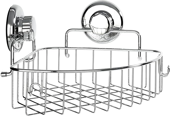 HASKO accessories Corner Shower Caddy with Suction Cups and 3M Adhesive Mounting Discs for porous surfaces - Stainless Steel Basket for Bathroom Storage (Chrome)