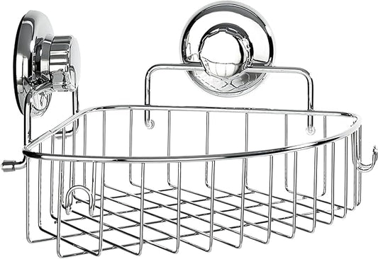 HASKO accessories Corner Shower Caddy with Suction Cups and 3M Adhesive Mounting Discs for porous surfaces - Stainless Steel Basket for Bathroom Storage (Chrome)
