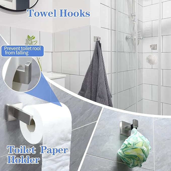 10pcs Bathroom Hardware Set, 16in Towel Bar Set, Including Square Towel Bar Square Towel Ring Toilet Paper Holder Towel Hooks, Set SUS304 Stainless Steel, Wall Mounted