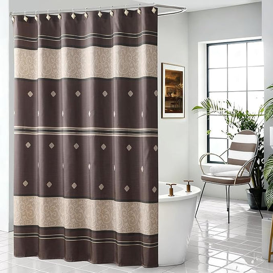 Modern Decorative Shower Curtain, Brown Tan Stripe Pattern, Fabric Bathroom Curtain, 72" W x 72" H