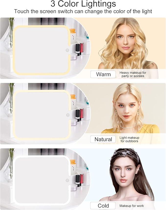 Relavel Makeup Mirror with Lights, LED Replacement for Makeup Bag, 3 Color Lights, Brightness Adjustable, 8.3 x 5.1 Inches