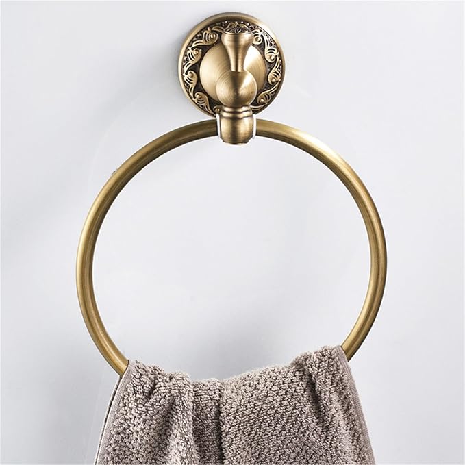 Flybath Round Towel Ring Antique Brass Exquisite Pattern Carving Hanger Hand Towel Holder for Bathroom Kitchen Accessories Wall Mounted, Brushed Bronze