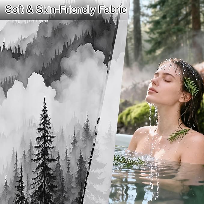 Black and Grey Misty Pine Forest Shower Curtain, Mountain Foggy Woodland Scenery Tree Shower Curtains for Chic Rustic Bathroom, Abstract Modern Waterproof Nature-Themed Decor, 72x72 Inches