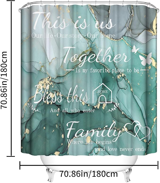juwute 4Pcs Family Marble Shower Curtain Sets with Rugs,Green Home Inspirational Bathroom Decor Set, Bathroom Sets with Shower Curtain and Rugs, Waterproof Bathroom Shower Curtains, with 12 Hooks