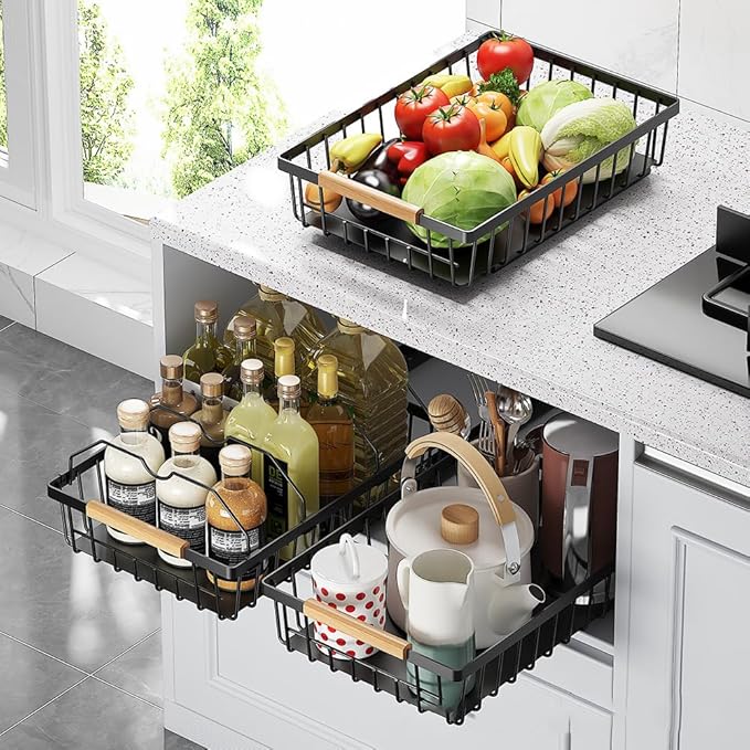 GarveeHome Pull Out Cabinet Organizer Expandable Slide Out Drawer Organizers, No Drill Pull Out Drawers Adhesive Compatible Framed Cabinets Shelves for Kitchen Pantry