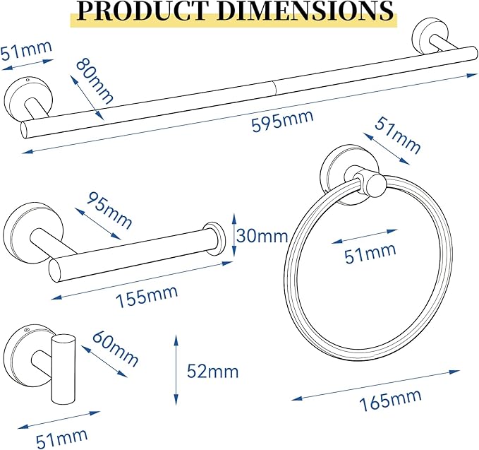 HOMOTEK 4 Pieces Bathroom Accessories Hardware Set, 24 inch Towel Bar, Towel Ring, Robe Hook, Toilet Paper Holder, Stainless Steel Rack Kit Wall Mounted, Matte Black