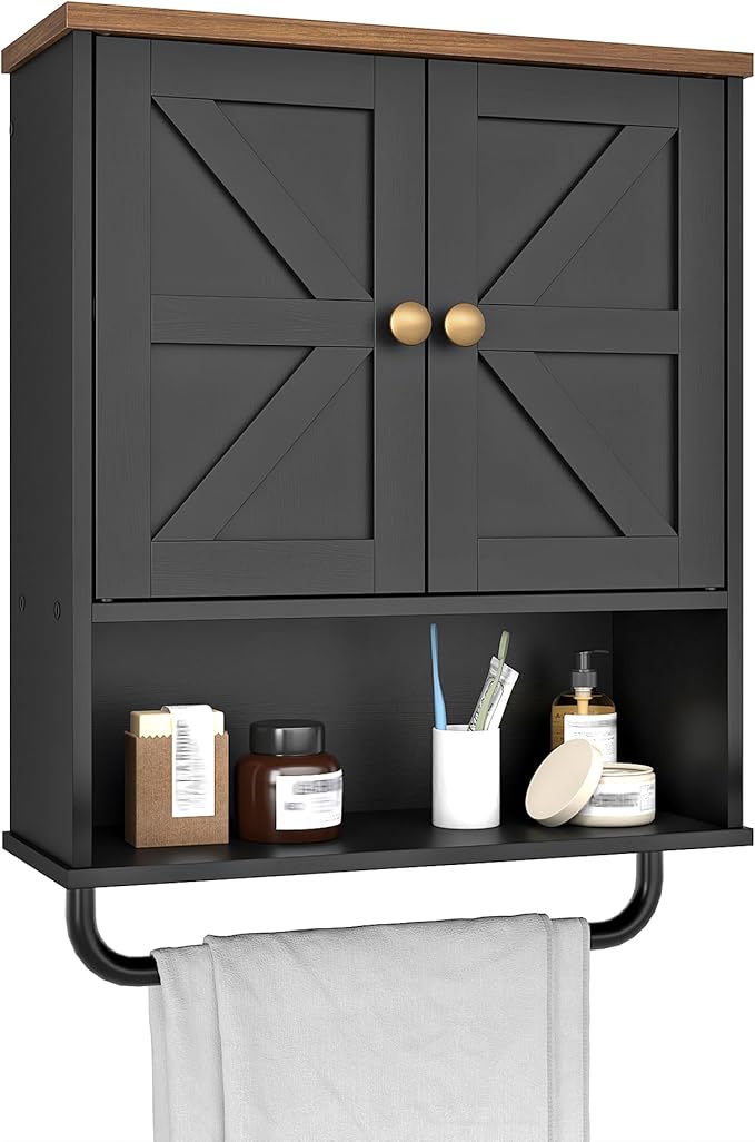 CHOEZON Bathroom Wall Cabinet, Medicine Cabinet with Open Partition and Towel Bar, Rustic Storage Cabinet with Open and Hidden Storage Space, for Bathroom, Living Room, Kitchen, Black and Walnut
