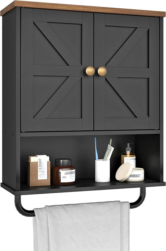 CHOEZON Bathroom Wall Cabinet, Medicine Cabinet with Open Partition and Towel Bar, Rustic Storage Cabinet with Open and Hidden Storage Space, for Bathroom, Living Room, Kitchen, Black and Walnut