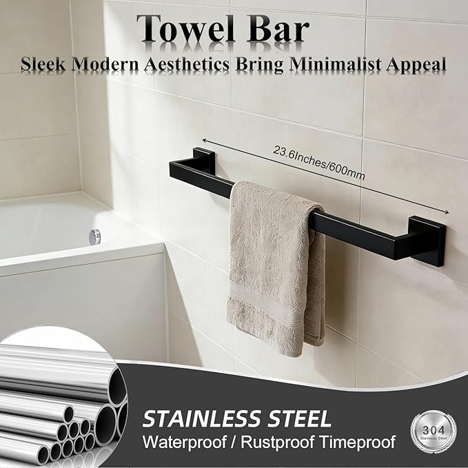 Bathroom Hardware Set 20 Piece Brushed Nickel Bathroom Accessories Set SUS304 Towel Bar Set Includes 4 Towel Bar 24 Inch+4 Towel Holder+4 Toilet Paper Holder+8 Towel Hooks (20, Matte Black)