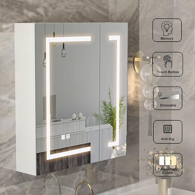 Medicine Cabinet with Lights,Bathroom Medicine Cabinet with Mirror 2 Doors,Lighted Led Mirrored Medicine Cabinets with Defogger,Wall Mounted,24x26 Inch
