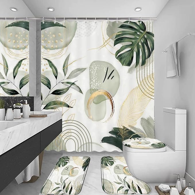 FZDHHY 4Pcs Green Shower Curtain Set, Modern Boho Bathroom Sets, Modern Luxury Bathroom Sets with Shower Curtain and Rugs, Shower Curtain with 12 Hooks