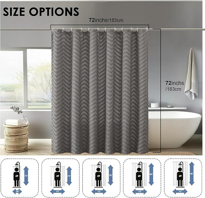 OVZME Grey Shower Curtain 72 Inches for Bathroom, Modern Boho Soft Fabric Cloth Shower Curtain, Elegant Tufted Chevron Striped Textured Fabric Hotel Quality, 72Wx72L Inches