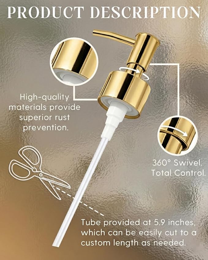 2-Pack Soap Dispenser Pumps Replacement, Universal Lotion & Soap Pump Heads for Standard 28/400 Bottle Neck, Gold Finish (Fits 26mm-28mm/ 1.02-1.10 inch)