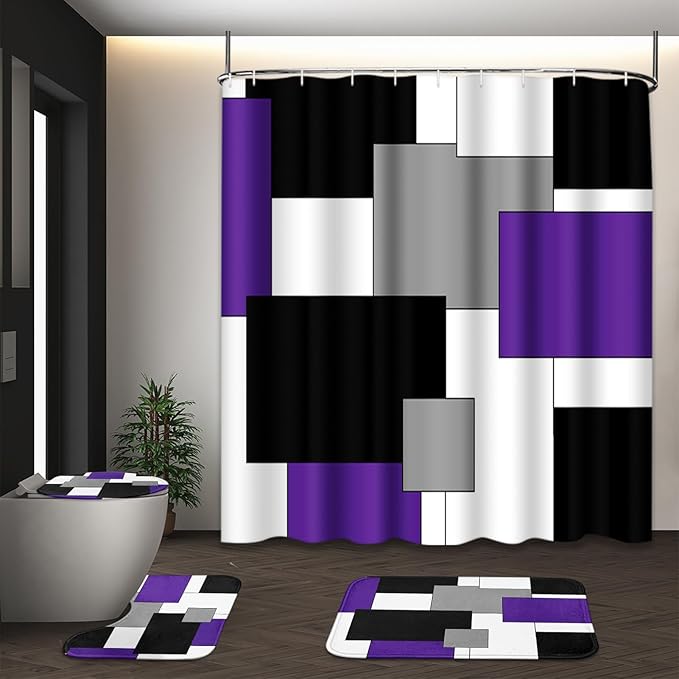 Purple Geometric Shower Curtain Set with Toilet Lid Cover and Non-Slip Rugs for Bathroom, Grey Black White Checkered 4 Pcs Shower Curtain, Abstract Modern Bathroom Set with 12 Hooks