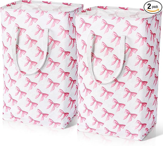 Leinuosen 2 Pcs 80l Large Bow Pink Laundry Hamper Basket with Waterproof Inner Lining, Collapsible Pink Clothes Storage Baskets Bin with Handles for Bedroom, Nursery & Home Organization(Pastel)