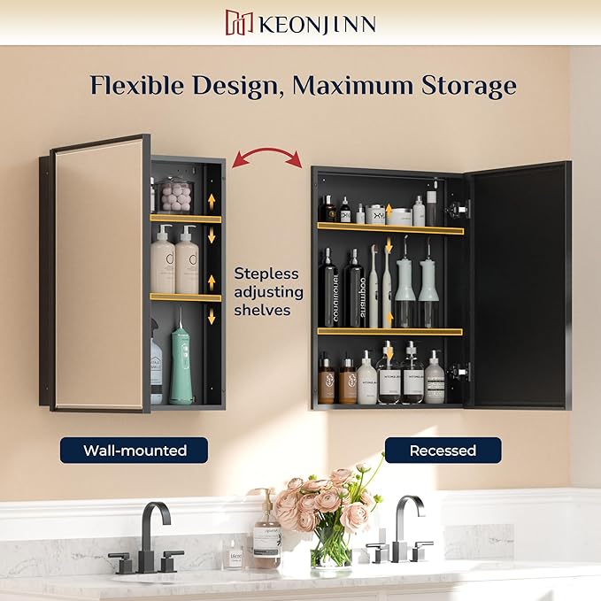 Keonjinn 20" x 26" Black Medicine Cabinet for Bathroom, Recessed or Surface Wall-Mounted Aluminum Alloy Framed Beveled Mirror with Storage, Mirrored Cabinets with 2 Adjustable Shelves for Bath Modern
