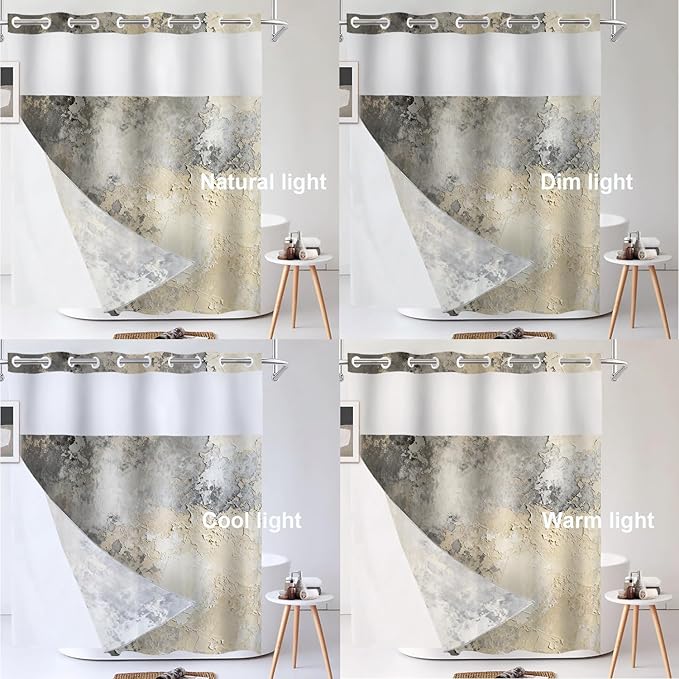 Shrahala Taupe Squares Texture No Hooks Shower Curtain with Snap in Liner Set, Grey and Beige Art Painting Bathroom Décor Polyester Fiber Waterproof for Stall Bathtubs 71 X 86 in