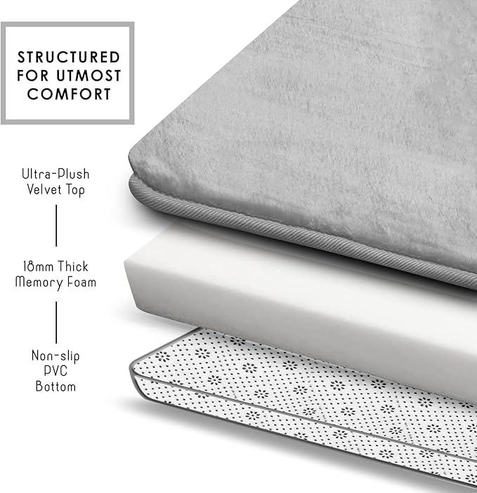Clara Clark 3 Piece Bathroom Rugs Bath Mat Set, Velvet Memory Foam Bath Mats for Bathroom - Non-Slip, PVC Backing Bath Rugs, Washable - Dries Quickly, Silver