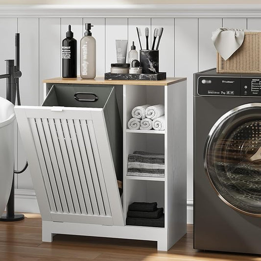 Laundry Hamper Cabinet with Tilt-Out Door - 2-in-1 Moisture-Resistant Storage with Removable Basket & 3 Open Shelves, Freestanding Organizer for Laundry Room, Bathroom