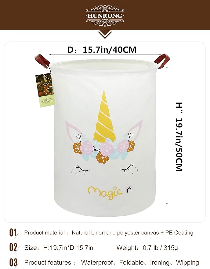 HUNRUNG Laundry Hamper,Large Canvas Fabric Lightweight Storage Basket Toy Organizer Dirty Clothes Collapsible Waterproof for College Dorms, Children Bedroom,Bathroom (Round-Magic-Unicorn)