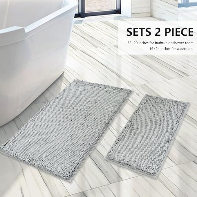 BOANKODU Bathroom Rugs Sets 2 Piece, Extra Soft Chenille Bath Mat Absorbent Bathroom Rug, Bathroom Mat with PVC Non-Slip Bottom, Machine Washable Bath Rugs (32x20 Inch + 24x16 Inch, Light Grey)