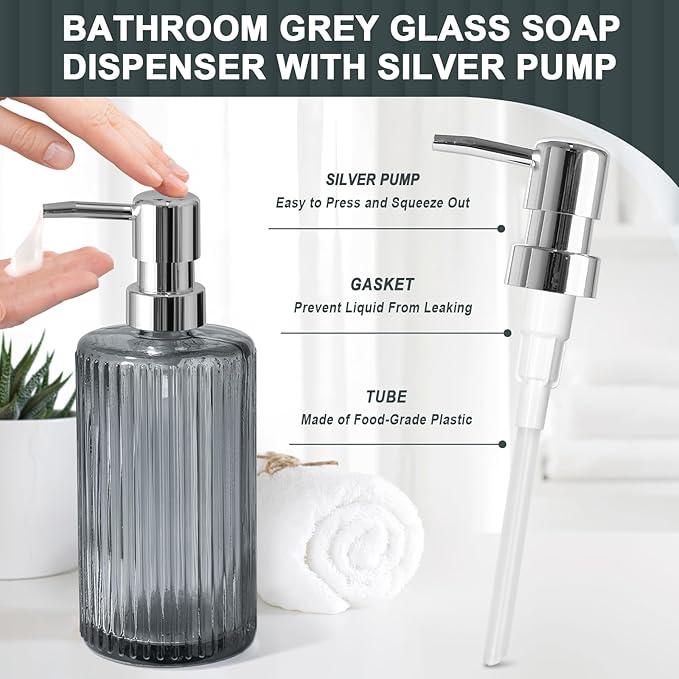 KASUNTING Gray Glass Bathroom Accessories 4 Pcs, Grey Bathroom Set, Soap Dispenser and Toothbrush Holder Set, Qtip Holder Set, Vintage Bathroom Sink Set, Modern Bathroom Decor