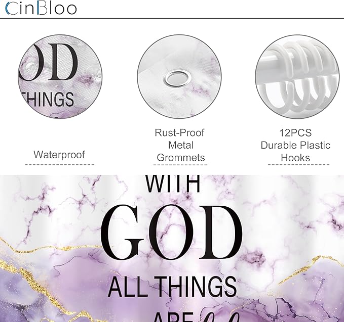 Cinbloo 4Pcs Purple Marble Christian Shower Curtain Set, Abstract Bible Verses Cracked Lines Modern Bathroom Curtain with Rug, Toilet Lid Cover, Bath Mat, Minimalist Shower Curtain with 12 Hooks