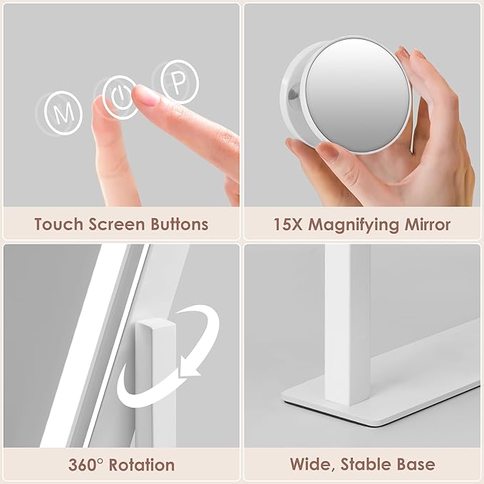 Vanity Mirror with Lights, LED Makeup Mirror, Light Up Vanity Mirror with 3 Colors Dimmable Strip Light, Dimming Touch Sensor, Detachable 15X Spot Magnifying, 360 Rotation (White)