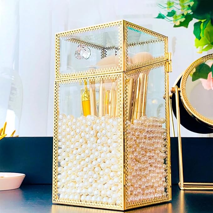 Pumtus Makeup Brush Holder Organizer with Lid, Glass Cosmetic Make Up Brushes Container, Clear Makeup Tool Storage Box Cup with Pearls, Vintage Dustproof Vanity Decor for Countertop Desktop