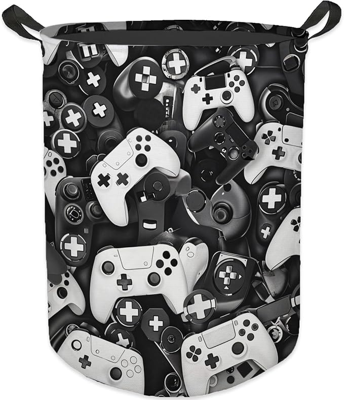 Gaming Gamer Laundry Basket, Toybox for Boys Room, Black and White Game Laundry Basket Hamper Waterproof Collapsible Clothes Toys Storage Bin Organizer for Bedroom Bathroom Boys Gamer Room