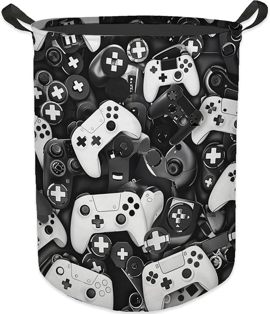 Gaming Gamer Laundry Basket, Toybox for Boys Room, Black and White Game Laundry Basket Hamper Waterproof Collapsible Clothes Toys Storage Bin Organizer for Bedroom Bathroom Boys Gamer Room
