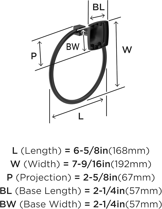 Amerock BH36092MB | Matte Black Towel Ring | 7-9/16 in (192 mm) Length Towel Holder | Stature | Hand Towel Holder for Bathroom Wall | Small Kitchen | Bath Accessories