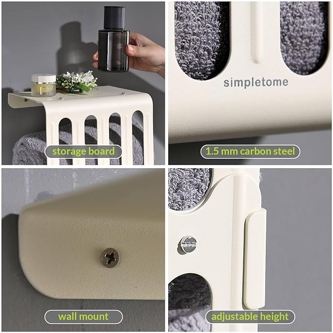 simpletome Towel Storage Rack Adjustable Height Wall Mount Bathroom Shelf Organizer Carbon Steel (Matte Cream)