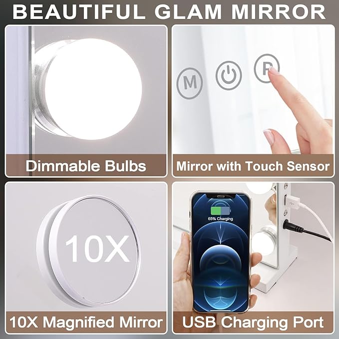 Kottova 24.4"x21.2" Vanity Mirror with Lights, Lighted Makeup Mirror with 3 Dimmable Color Modes,17 LED Hollywood Mirror with Touch Control, USB Charging Port, Tabletop & Wall-Mounted (White)