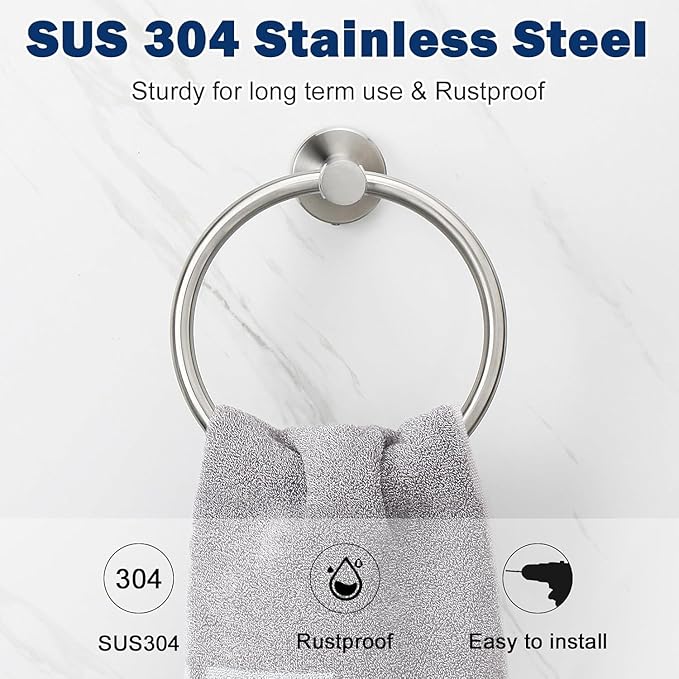 NearMoon Bath Towel Ring, Bathroom Hardware Accessories-Thicken Stainless Steel Hand Towel Holder for Bathroom, Modern Round Towel Hanger Wall Mounted (Brushed Nickel, 5 Pack)