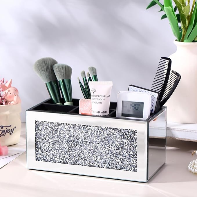 Luxury Rhinestone Mirror Makeup Brush Storage Holder - Elegant Organizer for Brushes, Eyeliners, and Cosmetics - Multi-Functional Makeup Caddy with Plush Interior (Silver)