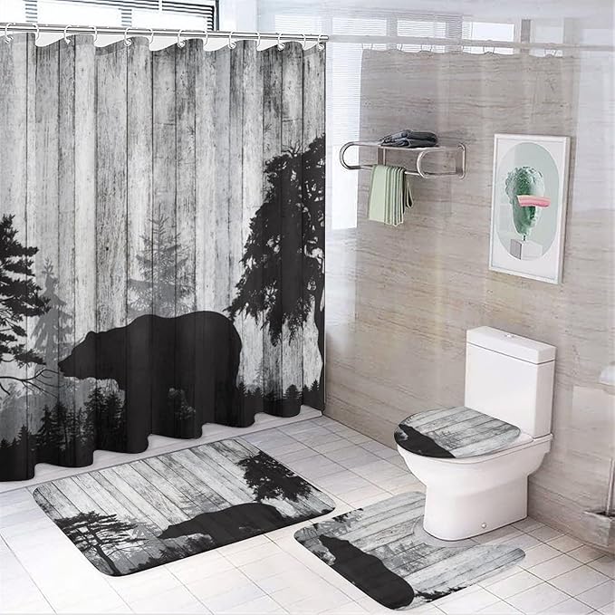 Rustic Black Bear 4 Piece Shower Curtain Sets, Non-Slip Rugs, Toilet Lid Cover and Bath Mat, Durable and Waterproof, for Bathroom Decor Set One Size