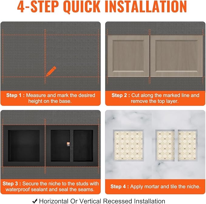 VEVOR Shower Niche Ready for Tile 16" x 16" & 16" x 20", Triple Shelf Organizer, Square Corners Wall-Inserted Niche Recessed, Sealed Protection Modern Soap Storage Niche for Shower Bathroom, Black