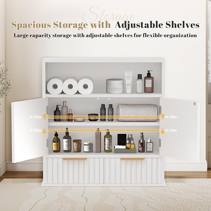 Fluted Bathroom Wall Cabinet with Drawers, Wooden Medicine Cabinet Organizer Over The Toilet, Wall Mounted Storage Cabinet with Open Shelf for Bathroom, Kitchen, and Laundry Room (White)