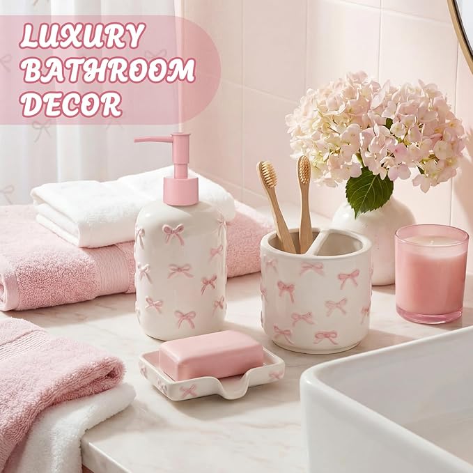 White Bow Ceramic Bathroom Accessories Set 3 Pcs for Countertop, Soap Dispenser, Toothbrush Holder, Soap Holder, Bathroom Sink Decor for Modern Home Decor
