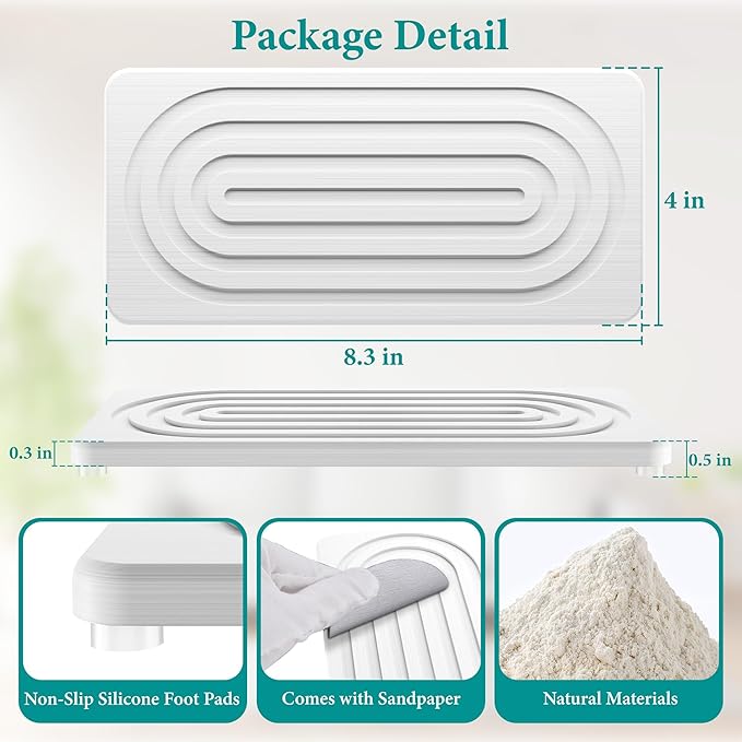 Water Absorbing Stone Tray, Quick Drying Diatomite Bathroom Tray Countertop, Stone Drying Mat for Kitchen Counter, Soap Dish Dispenser Vanity Organizer, White-A-8.3" x 4"